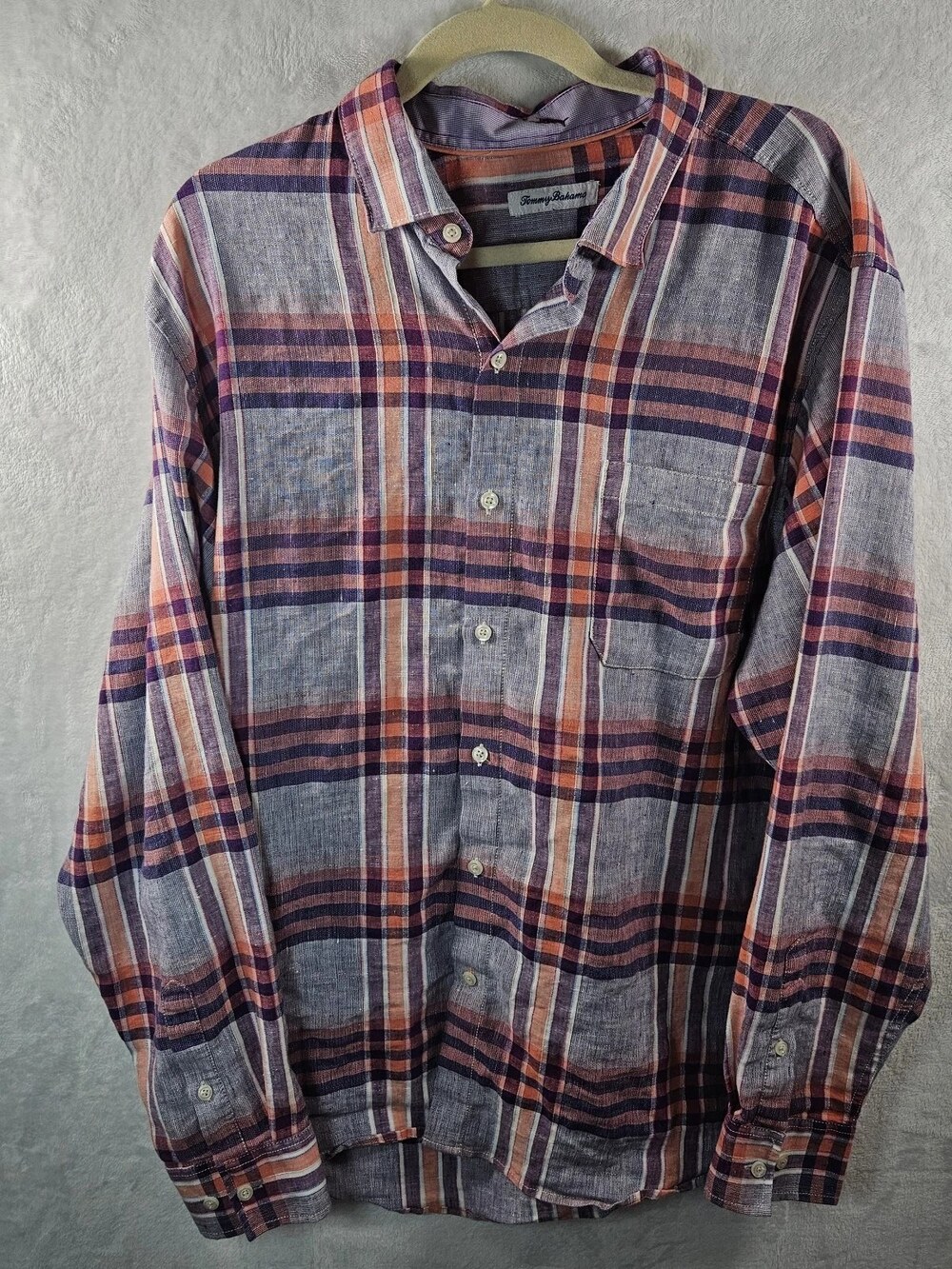 Tommy Bahama Plaid Linen Button-Down Shirt Purple Orange Men's Size XL
